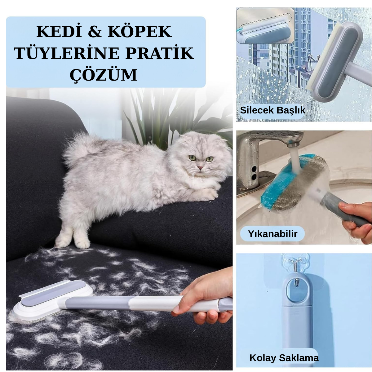 Evcil Hayvan Tüy Temizleme Fırçası – Ayarlanabilir Saplı Pratik Tüy Toplayıcı