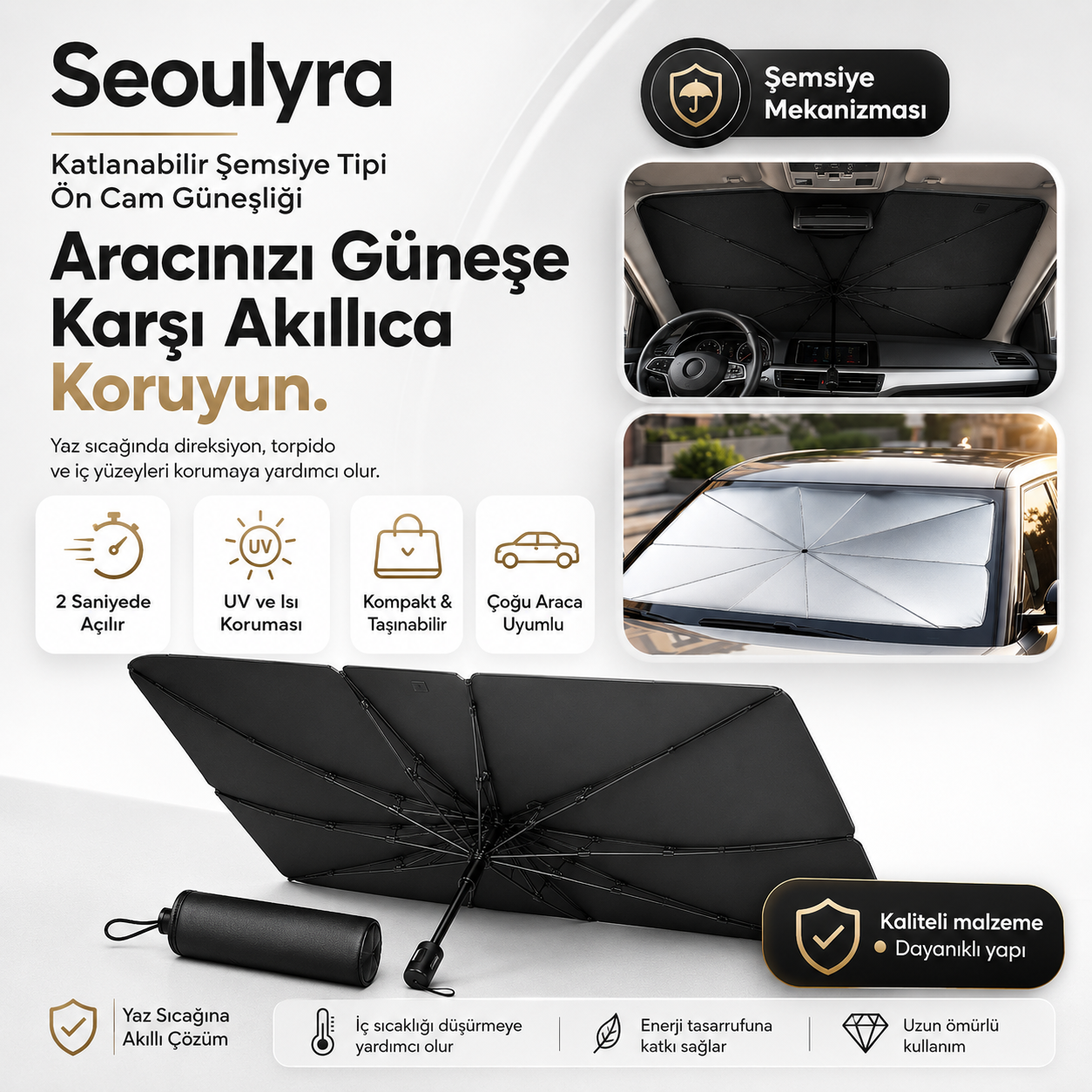 Seoulyra Şemsiye Tipi Oto Ön Cam Güneşliği, Katlanabilir Araç Güneş Koruyucu, UV ve Isı Koruma Destekli
