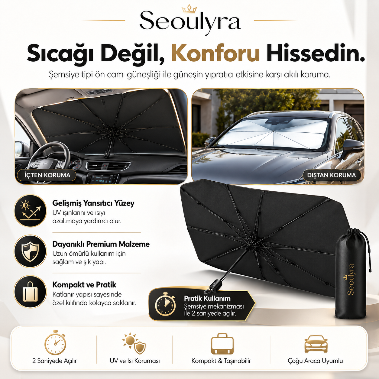 Seoulyra Şemsiye Tipi Oto Ön Cam Güneşliği, Katlanabilir Araç Güneş Koruyucu, UV ve Isı Koruma Destekli