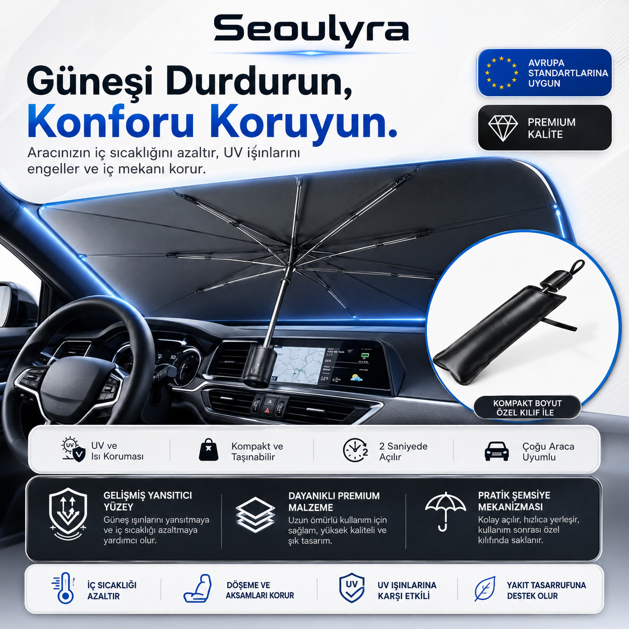 Seoulyra Şemsiye Tipi Oto Ön Cam Güneşliği, Katlanabilir Araç Güneş Koruyucu, UV ve Isı Koruma Destekli