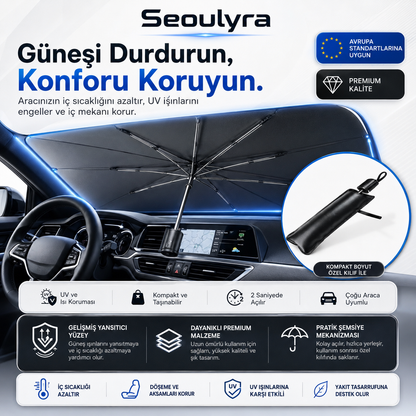 Seoulyra Şemsiye Tipi Oto Ön Cam Güneşliği, Katlanabilir Araç Güneş Koruyucu, UV ve Isı Koruma Destekli