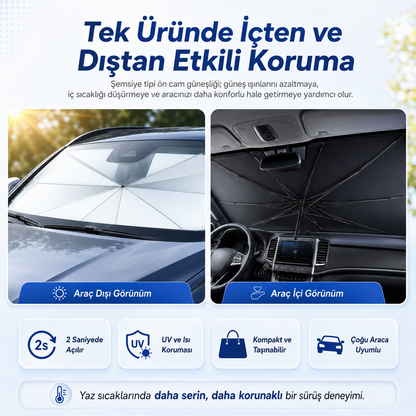 Seoulyra Şemsiye Tipi Oto Ön Cam Güneşliği, Katlanabilir Araç Güneş Koruyucu, UV ve Isı Koruma Destekli