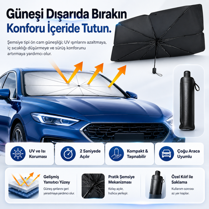 Seoulyra Şemsiye Tipi Oto Ön Cam Güneşliği, Katlanabilir Araç Güneş Koruyucu, UV ve Isı Koruma Destekli