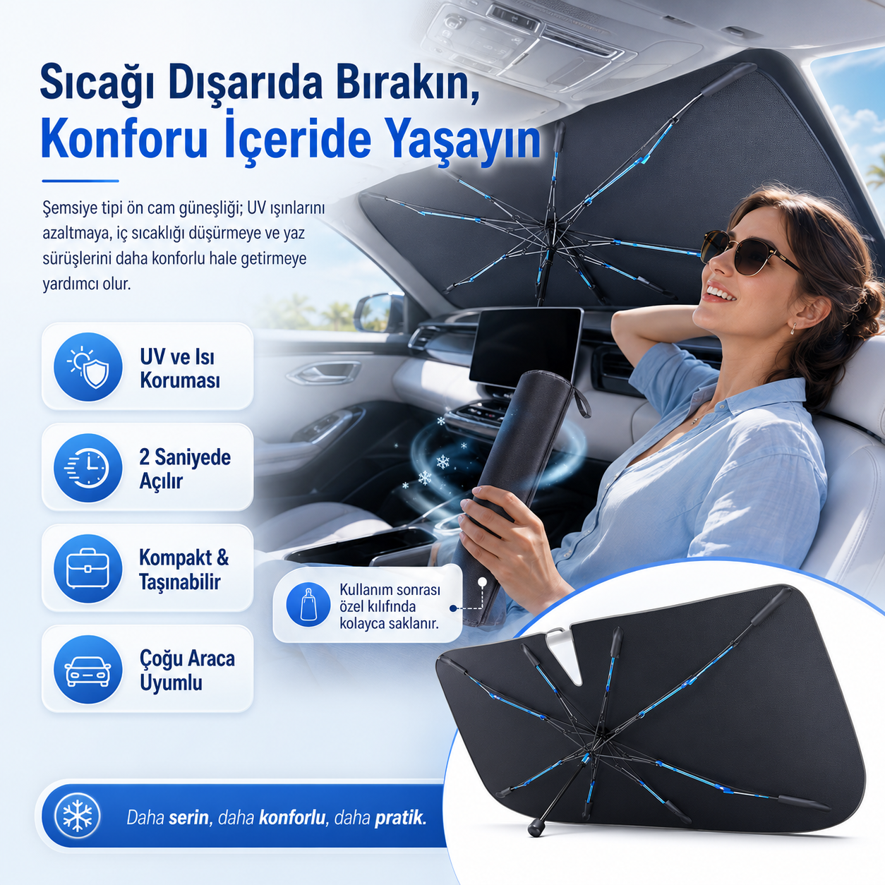 Seoulyra Şemsiye Tipi Oto Ön Cam Güneşliği, Katlanabilir Araç Güneş Koruyucu, UV ve Isı Koruma Destekli