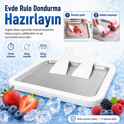 Seoulyra™ Soğuk Dondurma Hazırlama Tepsisi – 2 Spatula Dahil Evde Rulo Dondurma