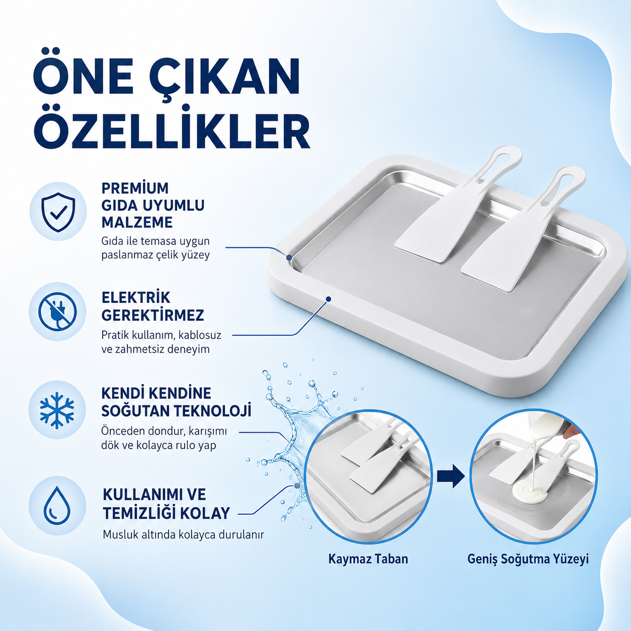 Seoulyra™ Soğuk Dondurma Hazırlama Tepsisi – 2 Spatula Dahil Evde Rulo Dondurma