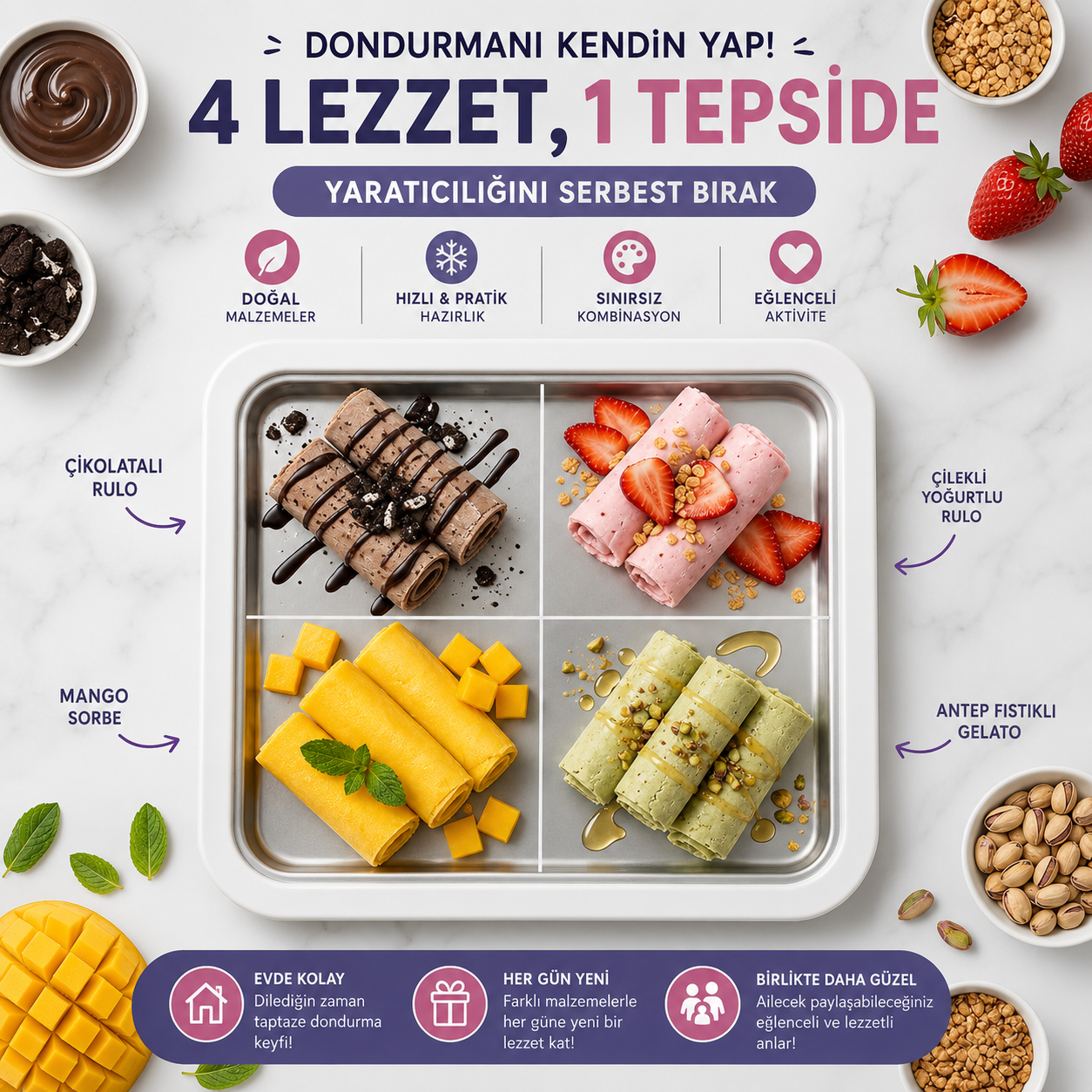 Seoulyra™ Soğuk Dondurma Hazırlama Tepsisi – 2 Spatula Dahil Evde Rulo Dondurma