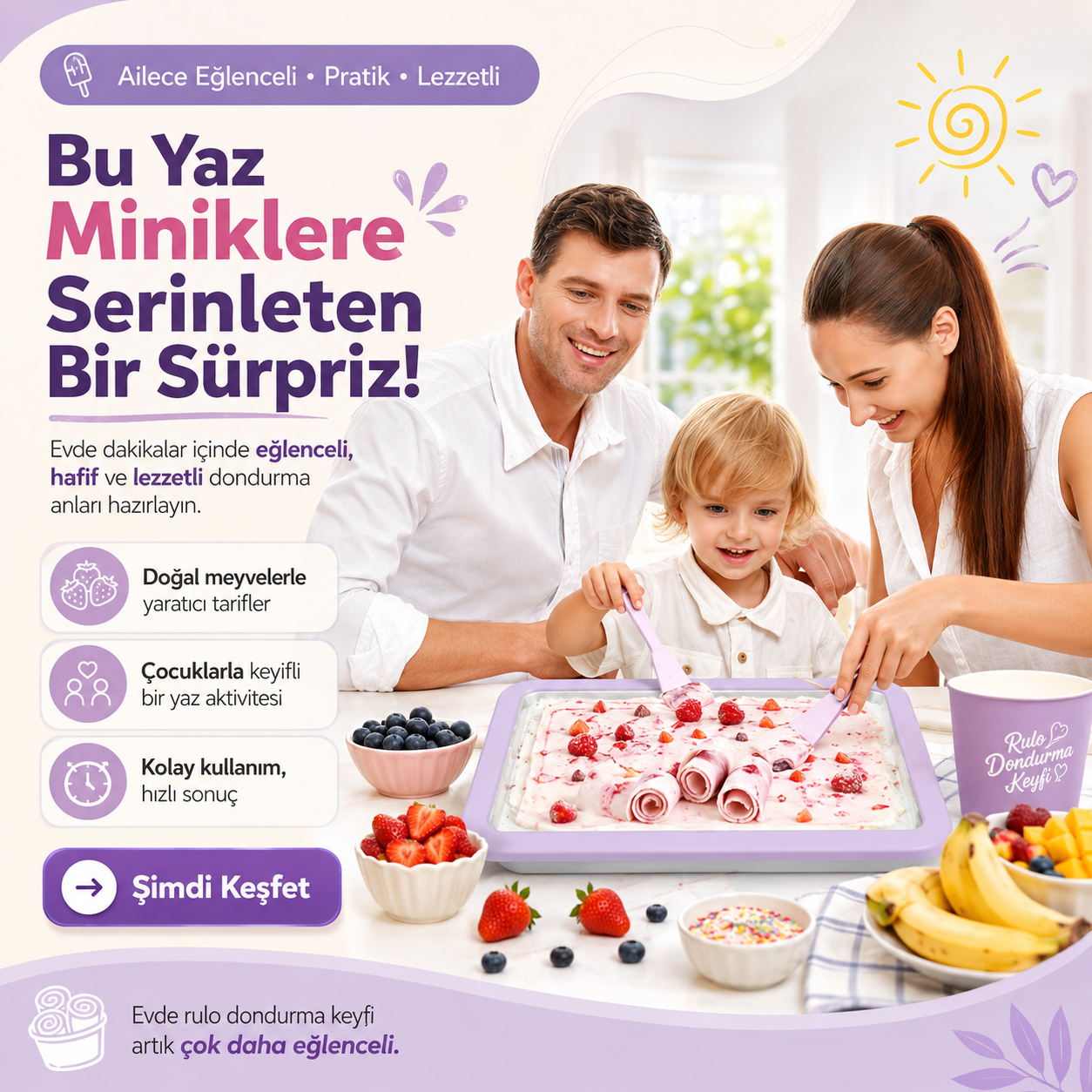 Seoulyra™ Soğuk Dondurma Hazırlama Tepsisi – 2 Spatula Dahil Evde Rulo Dondurma