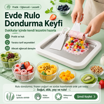 Seoulyra™ Soğuk Dondurma Hazırlama Tepsisi – 2 Spatula Dahil Evde Rulo Dondurma