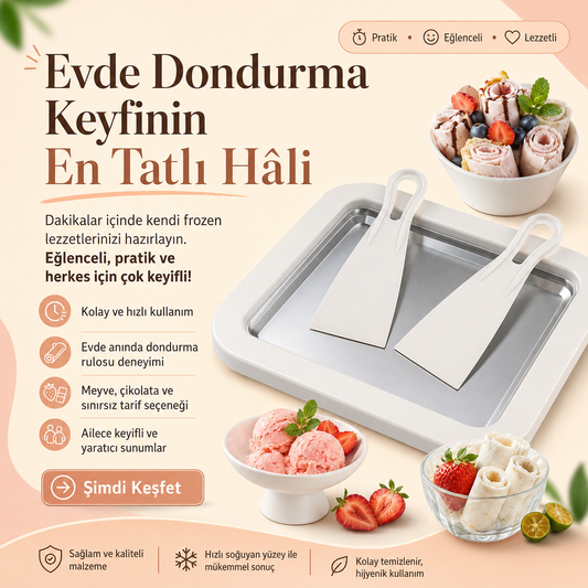 Seoulyra™ Soğuk Dondurma Hazırlama Tepsisi – 2 Spatula Dahil Evde Rulo Dondurma